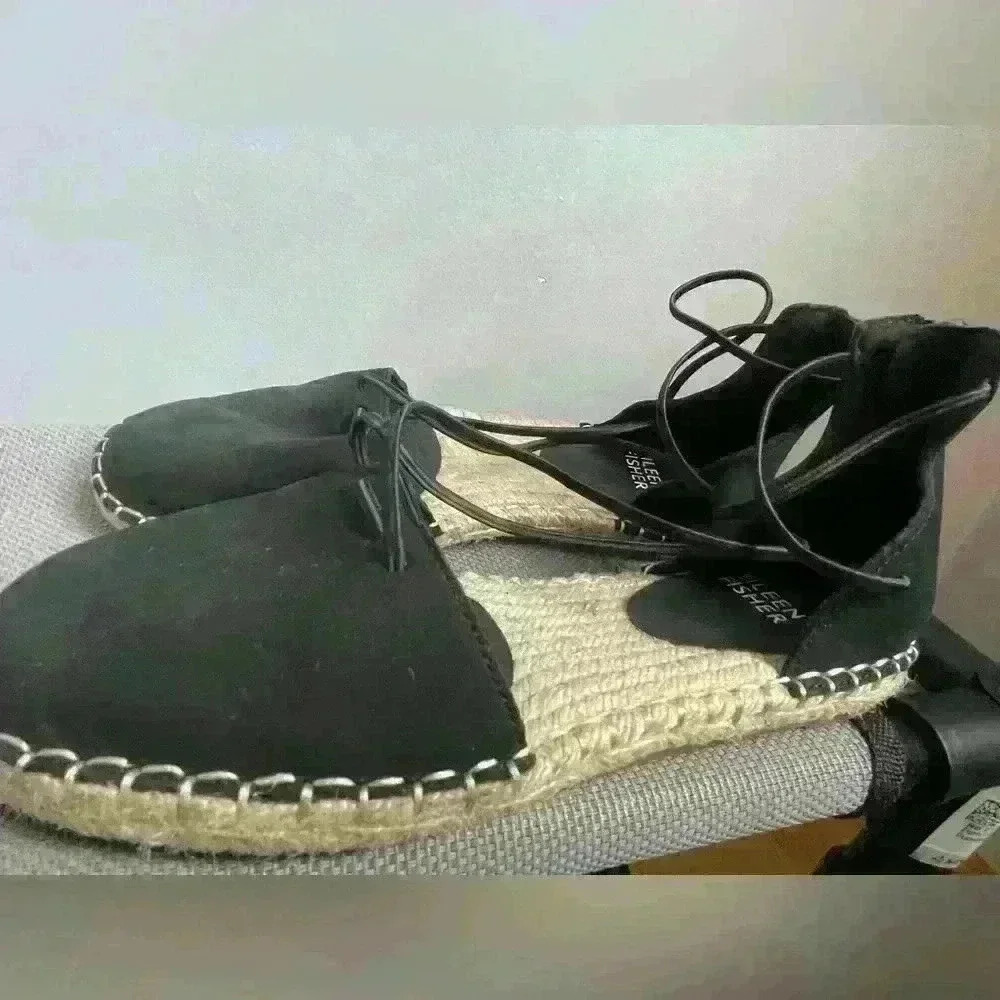 New! Eileen Fisher 5.5 Leather Lace Up D'Orsay Lee Espadrille Black Flat Sandals - Picture 4 of 10